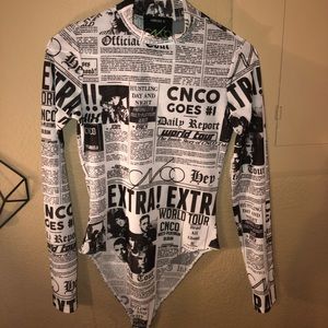 long sleeve newspaper designed body suit